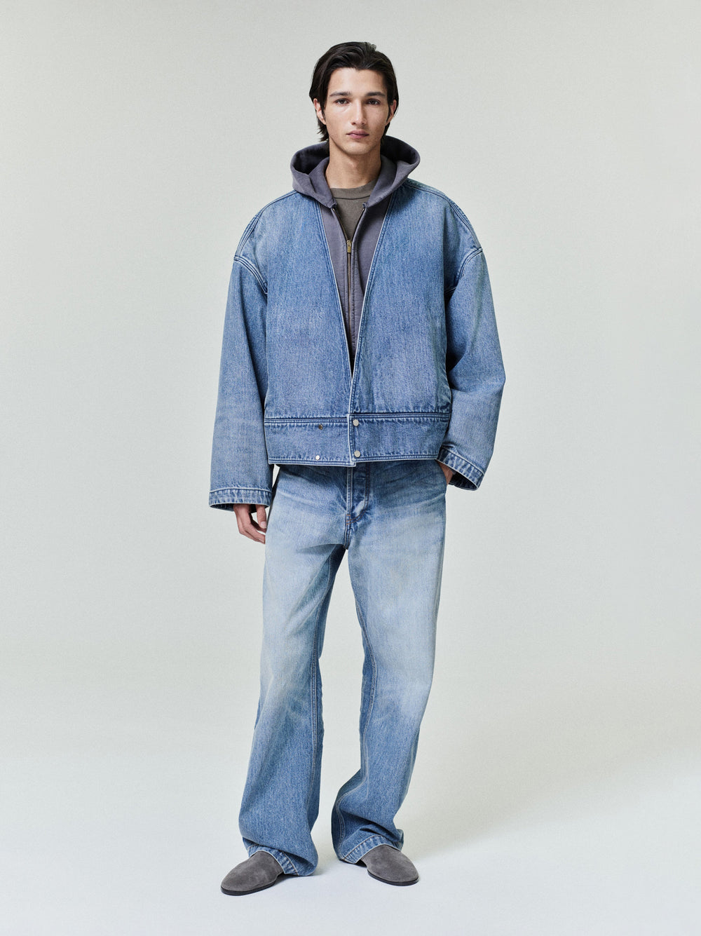men's classic blue indigo lapelless denim jacket with relaxed fit and strong shoulder construction