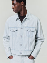 men's bleached denim trucker jacket with chest flap pockets and metal shank buttons, classic fit from Japan