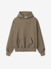 front view of brown heavyweight fleece hoodie with kangaroo pocket and ribbed cuffs and hem