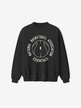 black heavyweight crewneck sweatshirt with circular NBA logo and National Basketball Association Essentials text on front