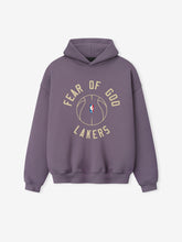 dusty purple heavyweight hoodie with puff-printed "FEAR OF GOD LAKERS" text and outlined basketball graphic on front center