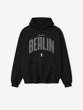 Front-facing black Berlin 90's Hoodie with large curved grey Berlin text and small NBA logo below pocket, gallery 0.
