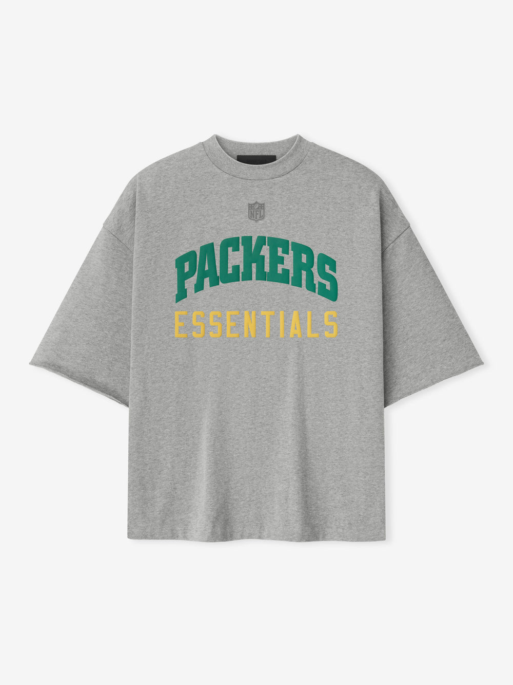 Front view of concrete heather Packers 90s 3/4 Sleeve Football Tee with green Packers and yellow Essentials text centered