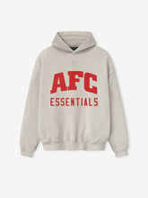 Front view of heather stone American Sport Hoodie with bold red AFC Essentials text and small NFL shield above chest