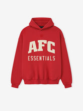 Front view of red American Sport Hoodie with bold cream AFC Essentials text and small embossed logo above the chest