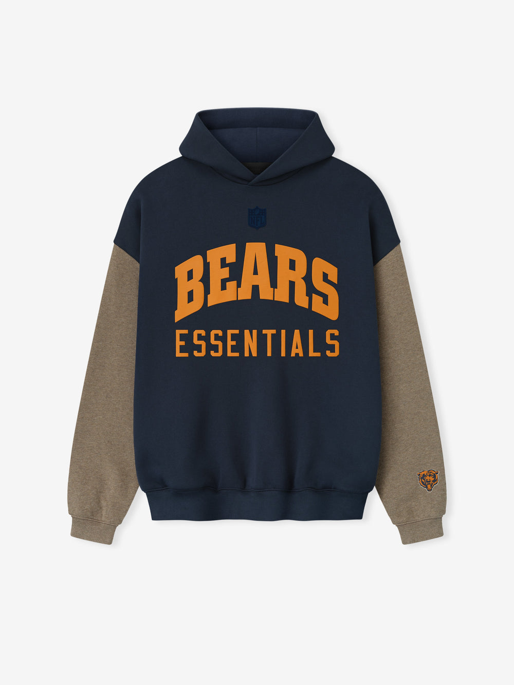 Front view of Bears Sport Hoodie in dark sapphire with contrasting homestead heather sleeves and orange Bears Essentials text on chest