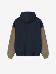 Back view of Bears Sport Hoodie in dark sapphire with contrasting homestead heather sleeves and fitted waistband