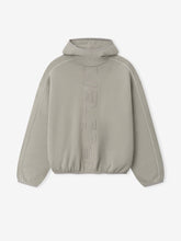 light gray heavyweight fleece hoodie with vertical embossed Active Trace logo and relaxed modern fit