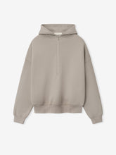 front view of beige heavyweight half-zip hoodie with dropped shoulders and double-layer hood and ribbed hem and cuffs