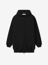 front view of black heavyweight full-zip hoodie with dropped shoulders, double-layer hood, and ribbed cuffs and hem
