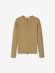 Beige zip-up sweater on a white background