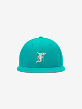 Miami Marlins 59FIFTY Cap in teal featuring a structured six-panel design with a flat visor and raised silver embroidered "M" logo centered on the front panel.