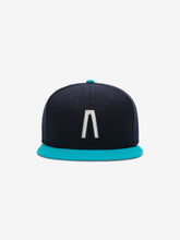 Fear of God Essentials 59FIFTY Athletics Cap in navy with a contrasting turquoise flat brim, featuring a raised white embroidered minimalist logo on the front panel.