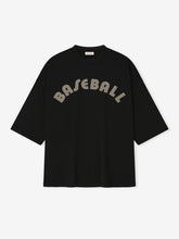 black cotton-rayon relaxed fit tee with oversized short sleeves and arched "BASEBALL" graphic on front