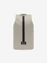 Sports Duffel in light gray with a tall tapered shape central black zipper top handle and rectangular logo patch displayed against a clean white background