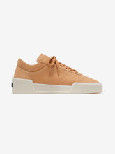 tan Italian suede low-top sneaker with sculpted off-white rubber sole and tonal laces viewed from side