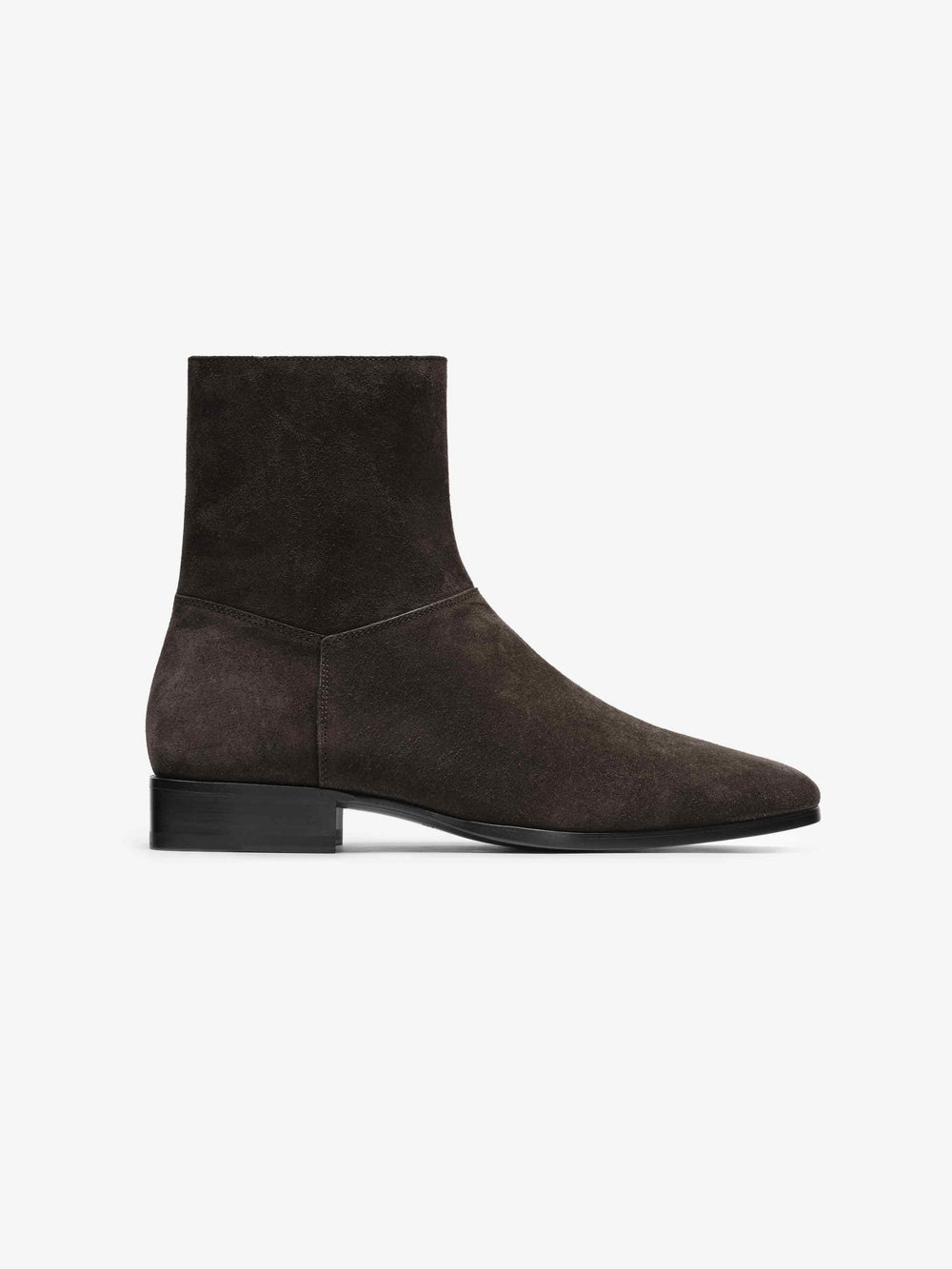 Suede Ankle Boot in dark brown featuring a smooth suede upper with a pointed toe, mid-height block heel, and sleek silhouette for versatile and refined footwear style.