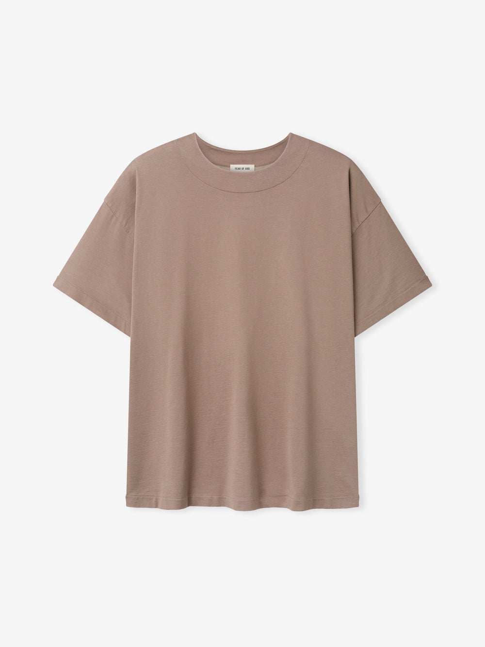 Plain short-sleeve crewneck t-shirt in muted dune beige laid flat on white background