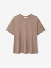 Plain short-sleeve crewneck t-shirt in muted dune beige laid flat on white background
