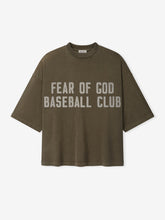 Olive green oversized t-shirt with distressed light gray "FEAR OF GOD BASEBALL CLUB" text on front