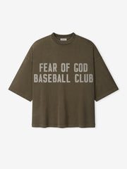Olive green oversized t-shirt with distressed light gray "FEAR OF GOD BASEBALL CLUB" text on front