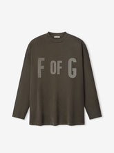 Long-sleeve faded brown crewneck shirt with large "F OF G" text printed across the front panel