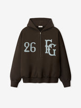 Dark brown half-zip hoodie with light gray stylized "26" and "FG" lettering on front and ribbed cuffs and hem