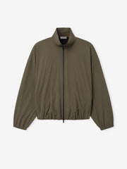olive green bonded nylon tech track jacket with full front zipper and elasticated hems and cuffs