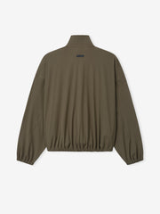 back view of olive bonded nylon microfibre tech track jacket with elasticated cuffs and hem