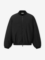 black lightweight nylon taffeta padded bomber jacket with knit collar and elasticated hem and cuffs