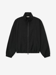 black recycled nylon ripstop tech track jacket with stand-up collar, full zip, elasticated cuffs, and waist hem