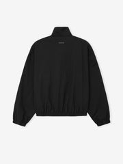back view of black lightweight recycled nylon ripstop tech track jacket with stand-up collar and elasticated cuffs and hem