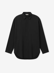 front view of black cotton wool oxford classic shirt with covered button placket and small cuffs