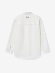 back view of white cotton wool oxford shirt with long sleeves, small button cuffs, and black label detail at collar