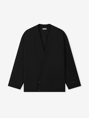 black lightweight ripstop wool cropped lapelless jacket with sculpted drape and single button closure