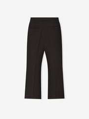 black double-weave virgin wool tailored high-waisted flared pants with rear welt pockets and subtle logo patch detail