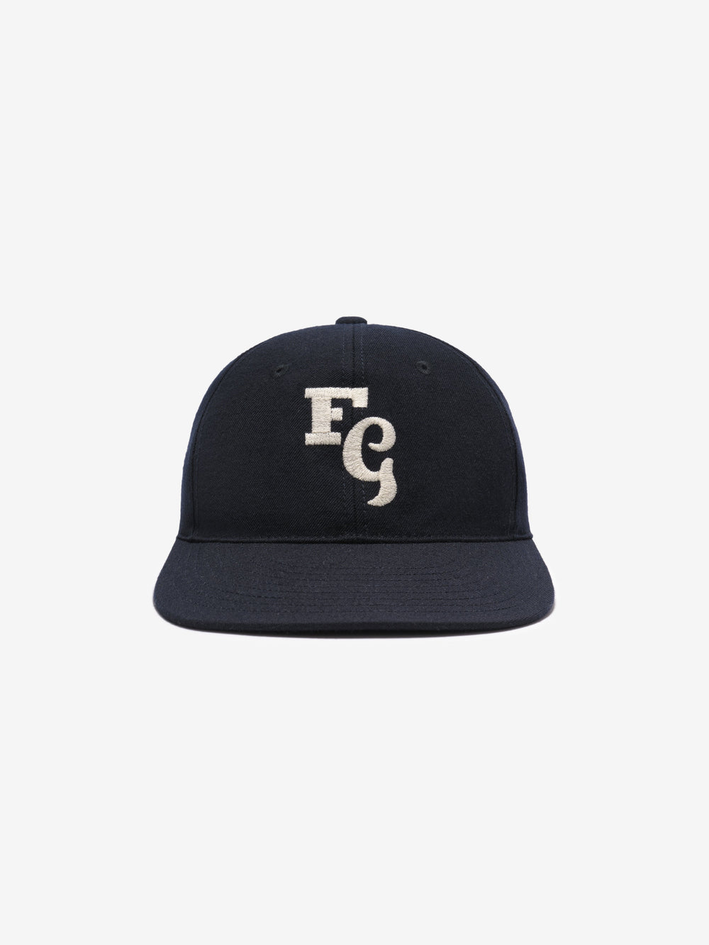black textured wool baseball cap with white felt FG stitched logo on front and adjustable elastic back band