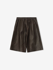 baggy knee-length women's shorts made from dark full-grain calfskin leather with elastic drawstring waistband