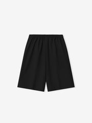 black wide-leg womens shorts with elasticated waistband made from lightweight rip-stop virgin wool
