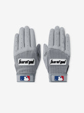 Franklin Pro Classic Seal Grey gloves featuring perforated breathable fabric with textured palms, bold Fear of God logo on the back and MLB emblem on the wrist straps.