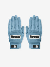 Pair of Franklin Pro Classic Stone Blue gloves featuring breathable textured fabric with perforations, Fear of God branding on the back, and adjustable wrist straps with MLB logos.