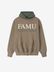 Front view of brown FAMU Sport Hoodie with green hood and large cream FAMU and green ESSENTIALS text, file ISosZsXA.jpg