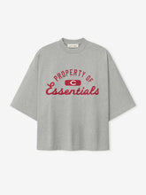 Grey short-sleeve crewneck tee with red collegiate-style "Property of Essentials" text and logo printed across the chest, featuring a relaxed fit Reds Merch Tee.