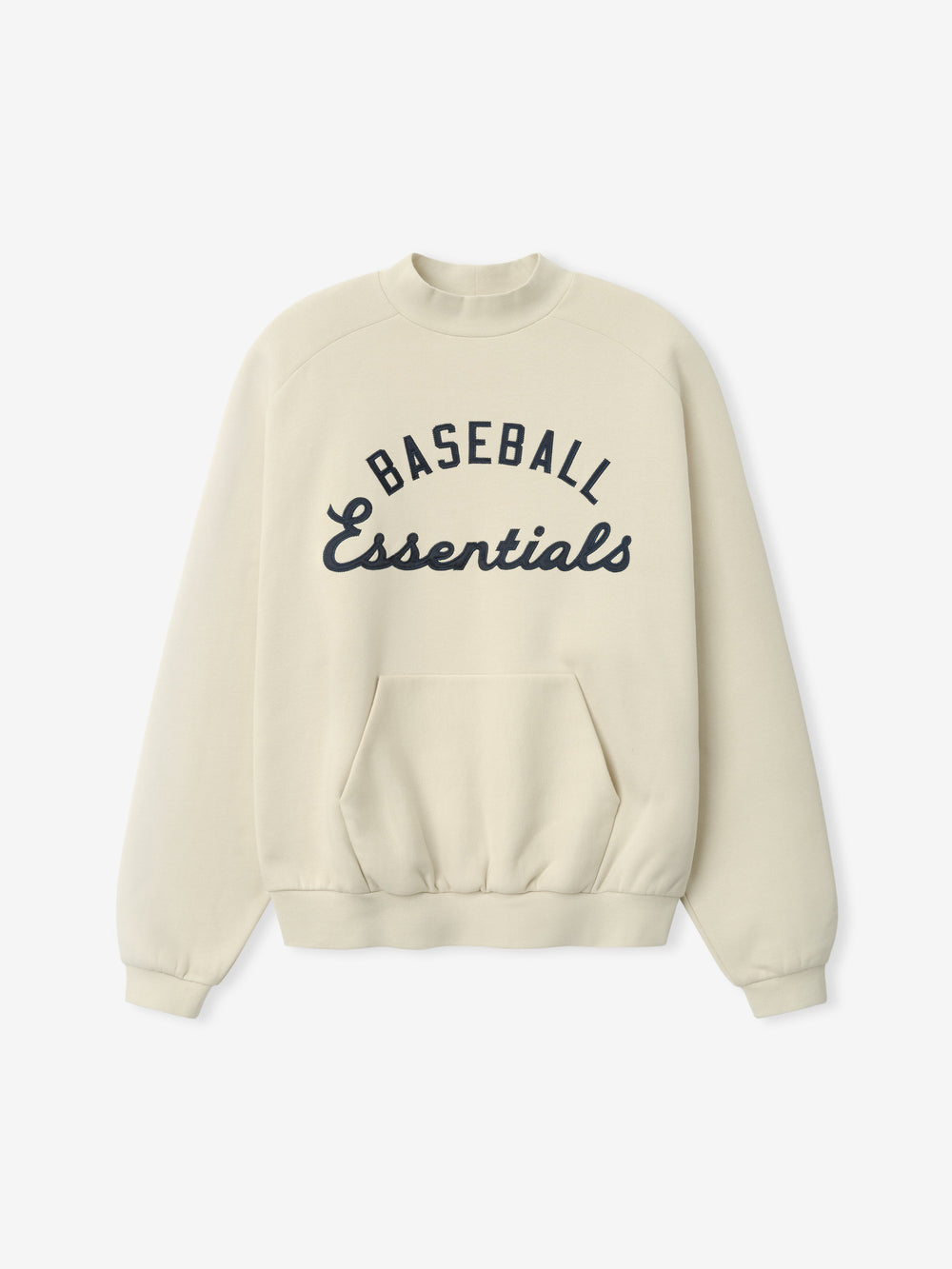 Cream-colored Mlb Sport Crewneck featuring navy blue "Baseball Essentials" text across the chest, ribbed cuffs and hem, and a front kangaroo pocket for casual comfort.