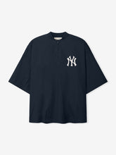 Yankees 3/4 Sleeve Pullover in deep navy featuring a relaxed fit with quarter zip detail and white Yankees emblem on soft, lightweight fabric top.