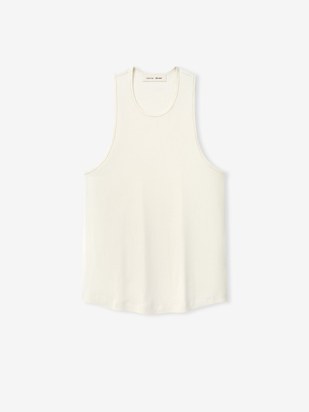 Ribbed Essential Tank in a soft ivory shade, crafted from smooth fabric with a relaxed fit and wide armholes for a clean, versatile layering top.