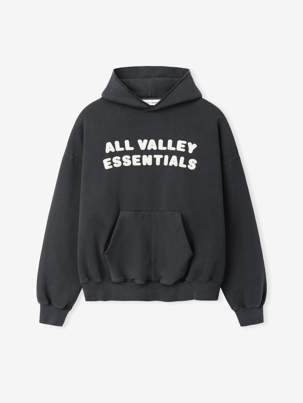 90s Hoodie in washed dark grey featuring bold white text "ALL VALLEY ESSENTIALS" across the chest, with a roomy kangaroo pocket, ribbed cuffs, and relaxed fit.