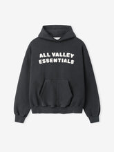 90s Hoodie in washed dark grey featuring bold white text "ALL VALLEY ESSENTIALS" across the chest, with a roomy kangaroo pocket, ribbed cuffs, and relaxed fit.