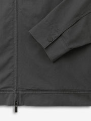 Cotton Twill Work Jacket in dark grey with a close-up of the sleeve featuring a snap button cuff and a visible zipper detail, highlighting durable, premium outerwear craftsmanship.