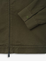 Cotton Twill Work Jacket in muted moss green, featuring a detailed close-up of the sleeve cuff with a snap button and visible front zipper, highlighting durable outerwear design.